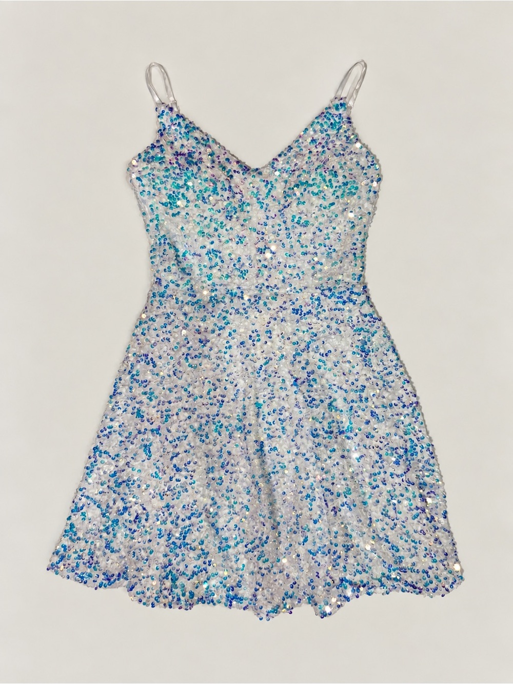 Sequin Spaghetti Strap Dress in Iridescent Blue